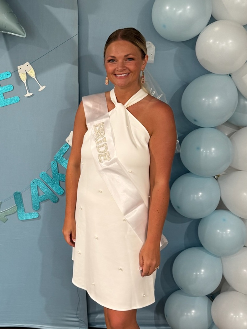 White halter dress with pearl details wore once for my bachelorette trip.